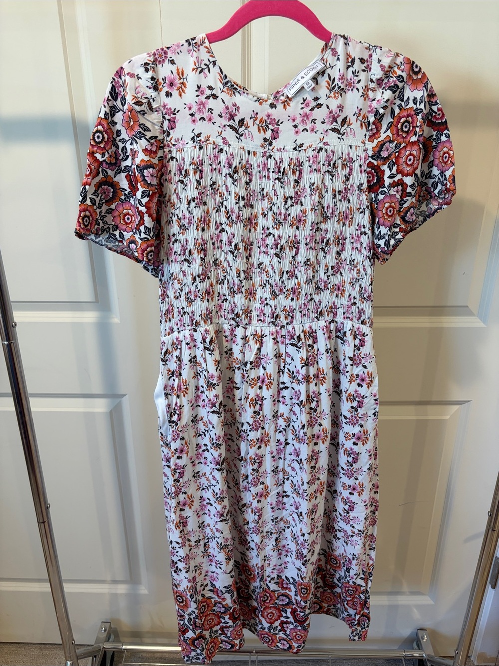 Floral Smocked Maxi Dress in White with Pink and Orange Accents